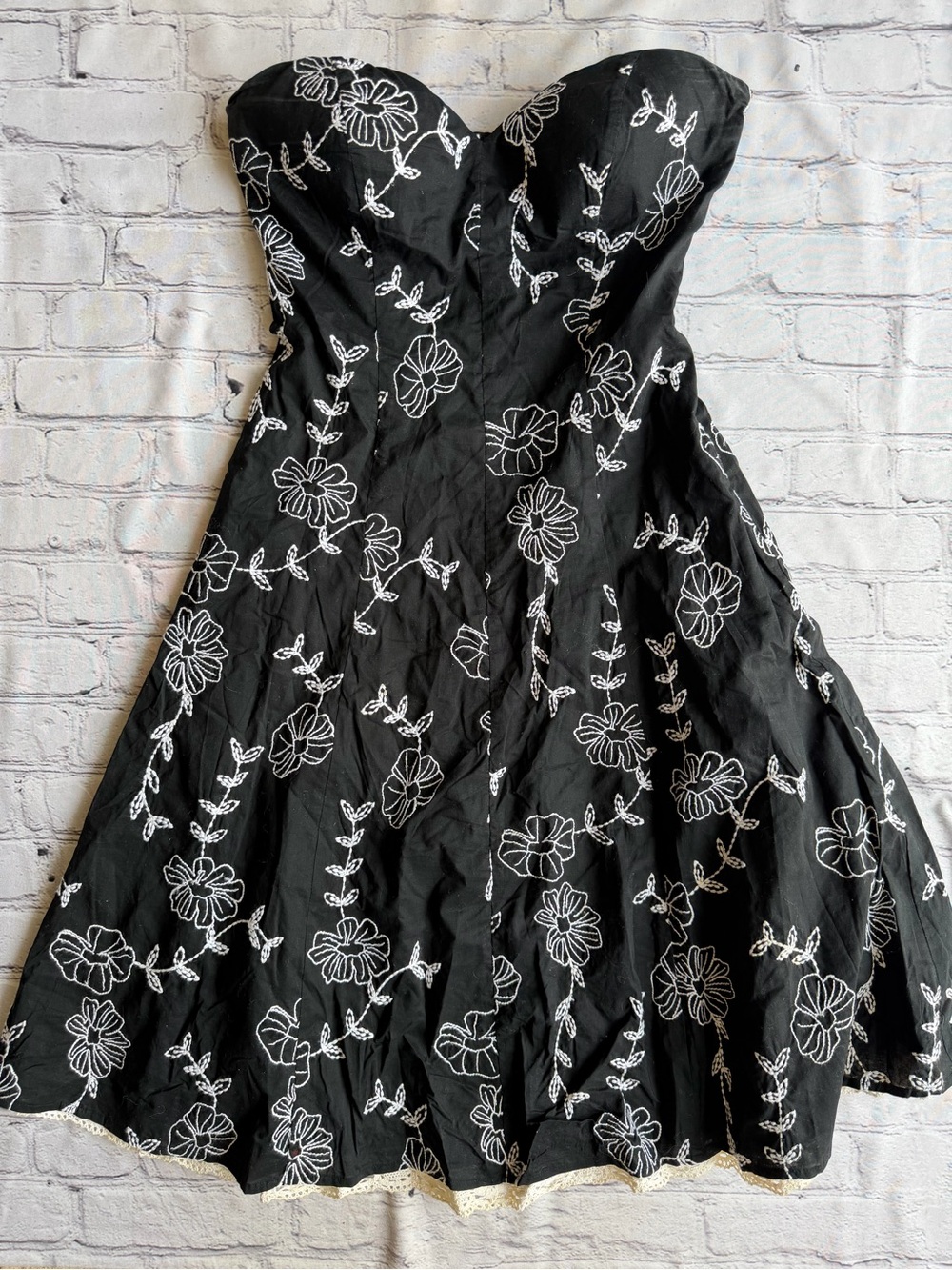 Black + White Embroidered Floral Strapless Dress Dark Cottage Core Whimsigoth